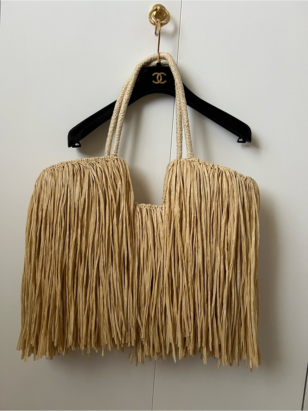 Fringed Straw Tote Bag with Rope Handles - Natural Beige St. Barts beige new
